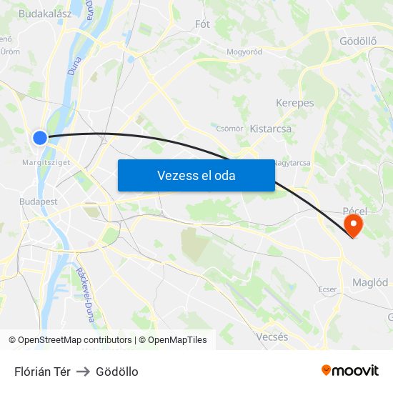 Flórián Tér to Gödöllo map