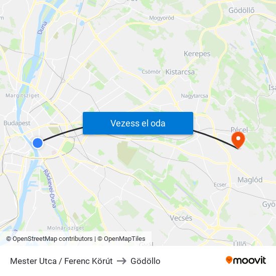 Mester Utca / Ferenc Körút to Gödöllo map