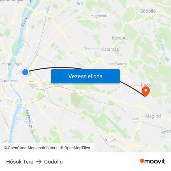 Hősök Tere to Gödöllo map