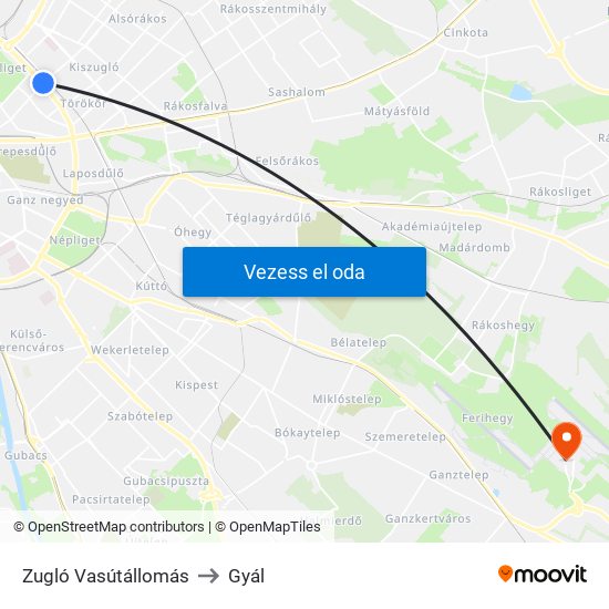 Zugló Vasútállomás to Gyál map