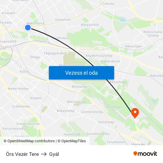 Örs Vezér Tere to Gyál map
