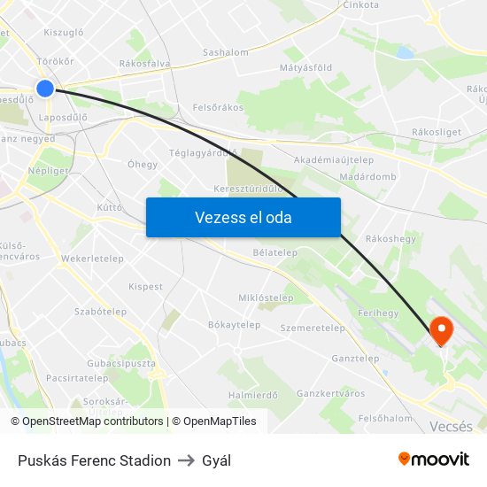 Puskás Ferenc Stadion to Gyál map
