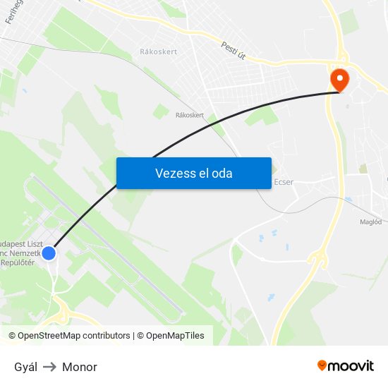 Gyál to Monor map