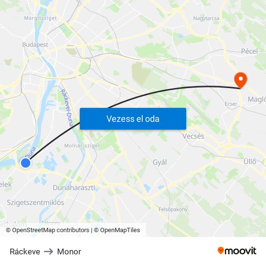 Ráckeve to Monor map