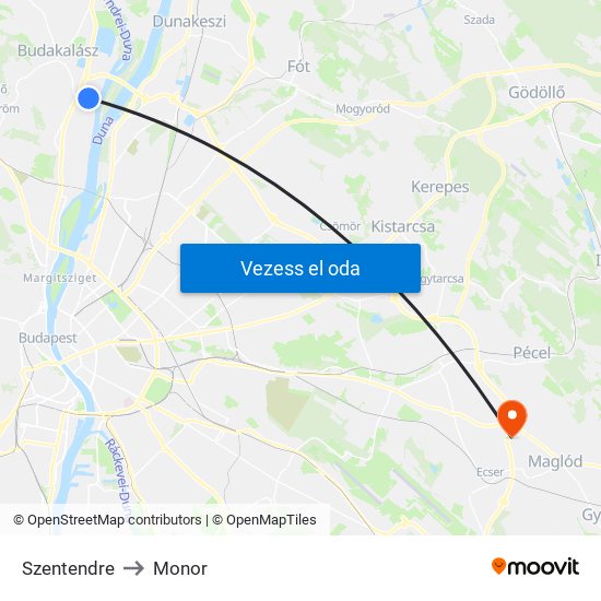 Szentendre to Monor map