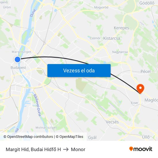 Margit Híd, Budai Hídfő H to Monor map
