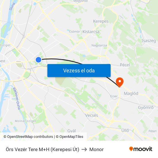 Örs Vezér Tere M+H (Kerepesi Út) to Monor map