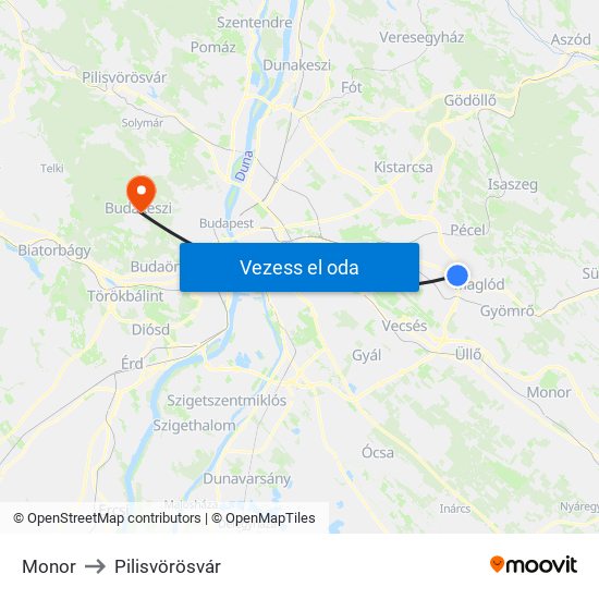 Monor to Pilisvörösvár map