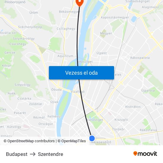 Budapest to Szentendre map