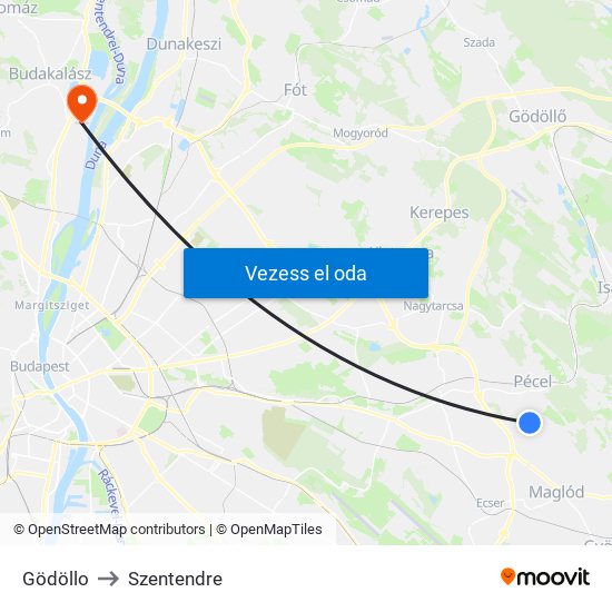 Gödöllo to Szentendre map