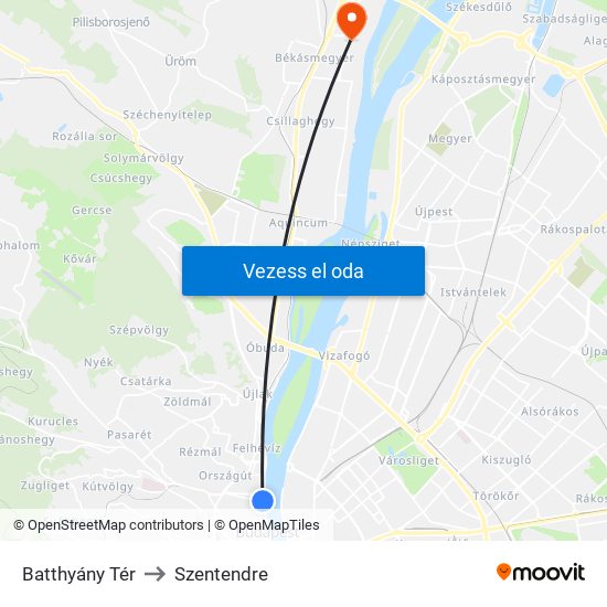 Batthyány Tér to Szentendre map