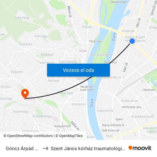 Göncz Árpád Városközpont to Szent János kórház traumatológia és kézsebészeti centrum map