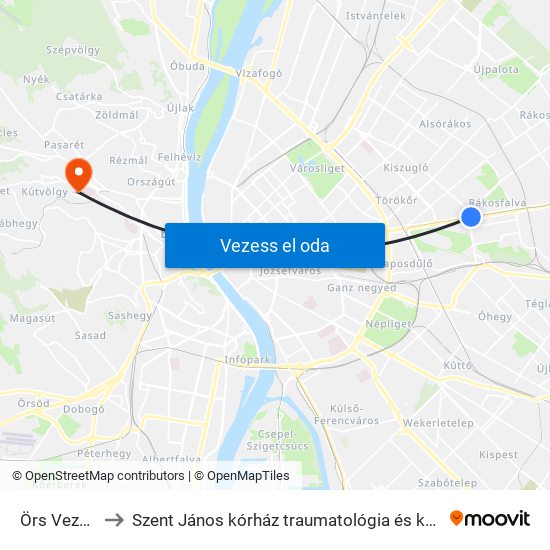 Örs Vezér Tere to Szent János kórház traumatológia és kézsebészeti centrum map