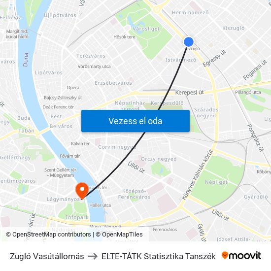 Zugló Vasútállomás to ELTE-TÁTK Statisztika Tanszék map