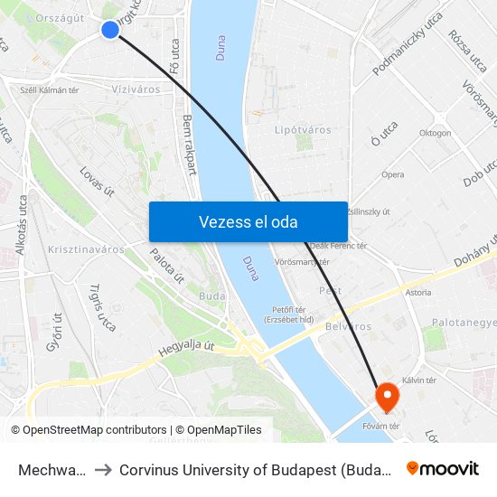 Mechwart Liget to Corvinus University of Budapest (Budapesti Corvinus Egyetem) map