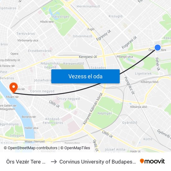 Örs Vezér Tere M+H (Kerepesi Út) to Corvinus University of Budapest (Budapesti Corvinus Egyetem) map