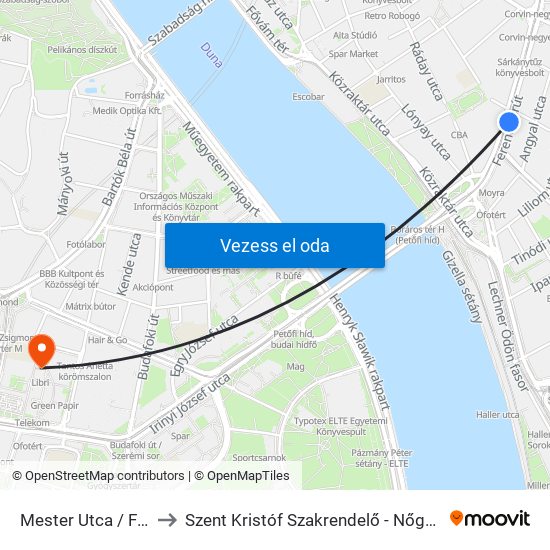 Mester Utca / Ferenc Körút to Szent Kristóf Szakrendelő - Nőgyógyászat (Ultrahang) map