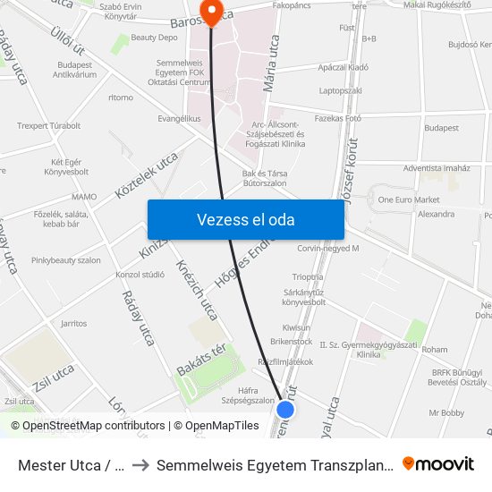 Mester Utca / Ferenc Körút to Semmelweis Egyetem Transzplantációs és Sebészeti Klinika map
