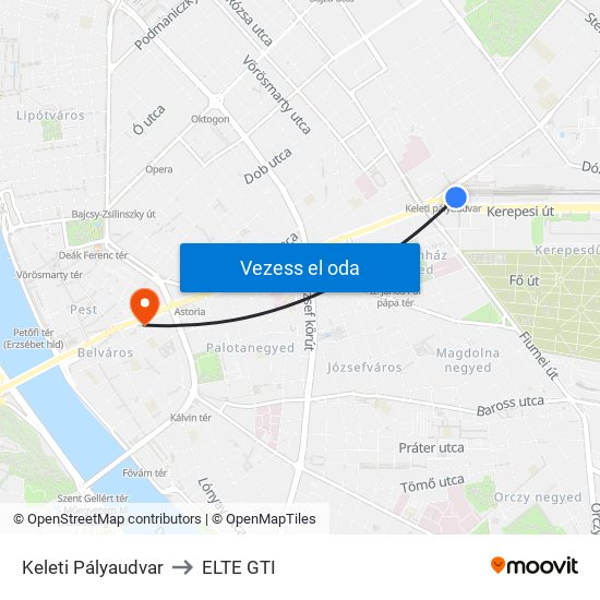 Keleti Pályaudvar to ELTE GTI map