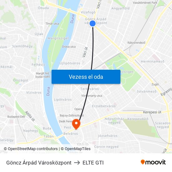Göncz Árpád Városközpont to ELTE GTI map