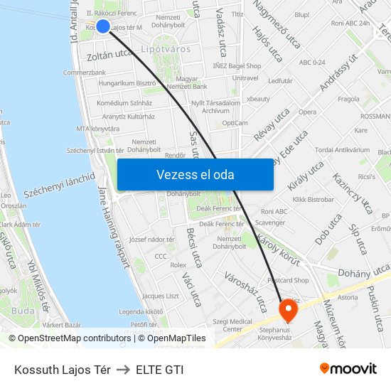 Kossuth Lajos Tér to ELTE GTI map