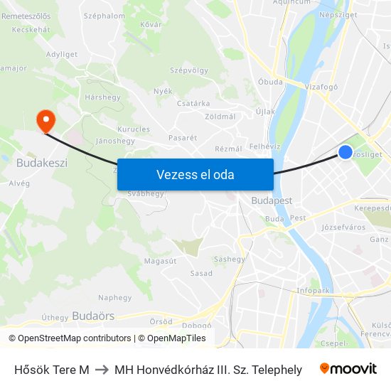 Hősök Tere M to MH Honvédkórház III. Sz. Telephely map