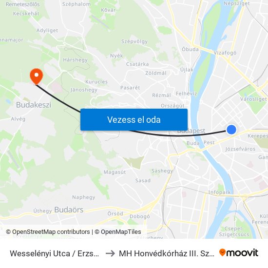 Wesselényi Utca / Erzsébet Körút to MH Honvédkórház III. Sz. Telephely map