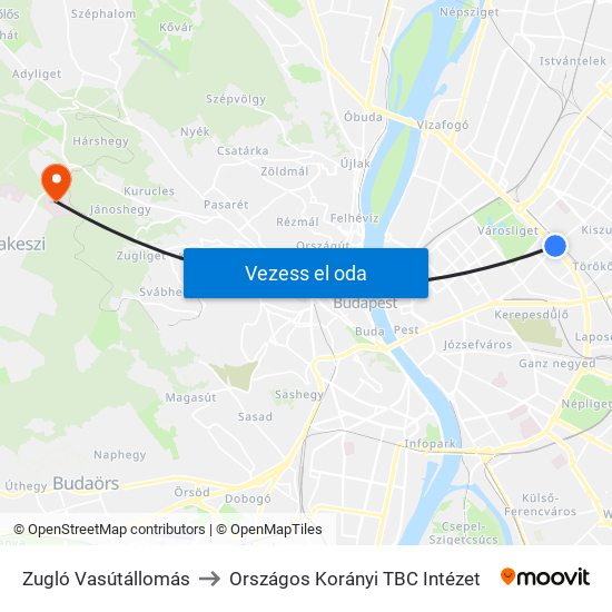 Zugló Vasútállomás to Országos Korányi TBC Intézet map