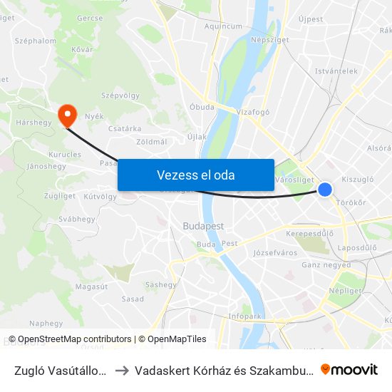 Zugló Vasútállomás to Vadaskert Kórház és Szakambulencia map