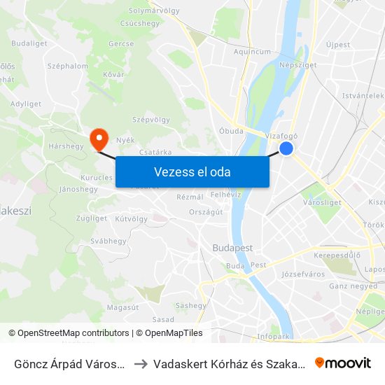 Göncz Árpád Városközpont to Vadaskert Kórház és Szakambulencia map