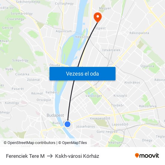 Ferenciek Tere M to Kskh-városi Kórház map