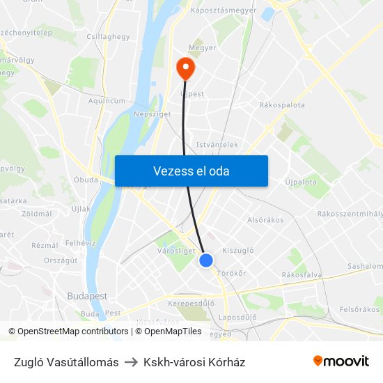 Zugló Vasútállomás to Kskh-városi Kórház map