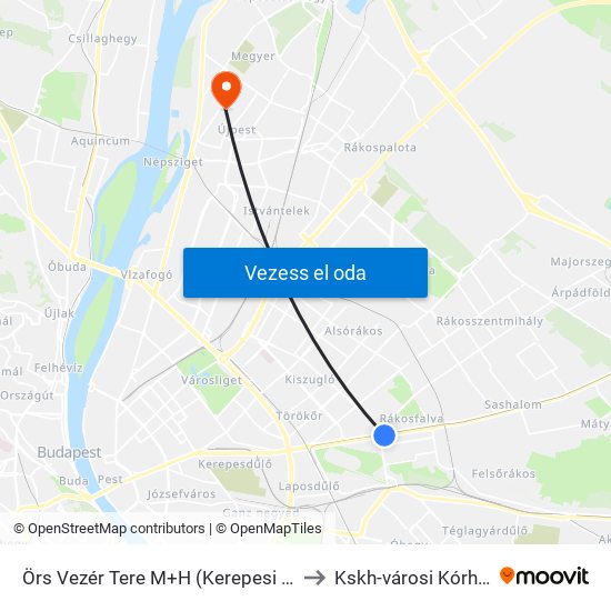 Örs Vezér Tere M+H (Kerepesi Út) to Kskh-városi Kórház map