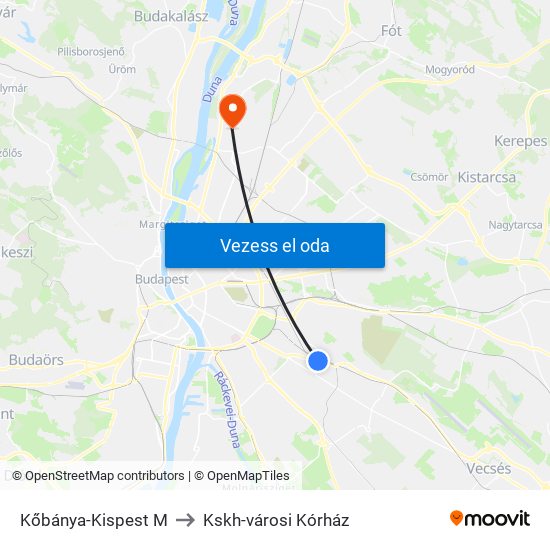 Kőbánya-Kispest M to Kskh-városi Kórház map
