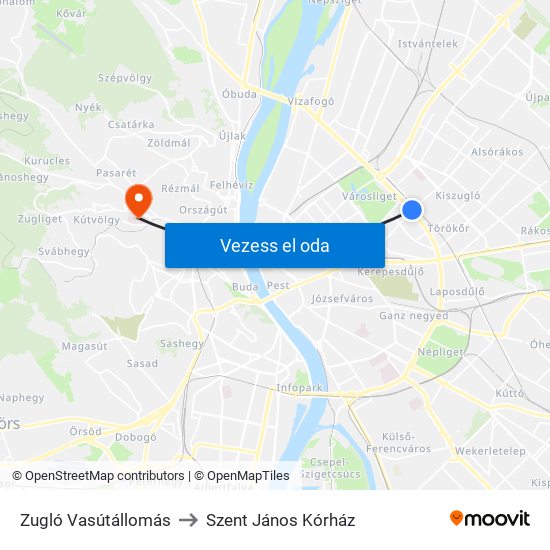 Zugló Vasútállomás to Szent János Kórház map