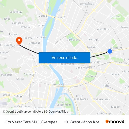 Örs Vezér Tere M+H (Kerepesi Út) to Szent János Kórház map