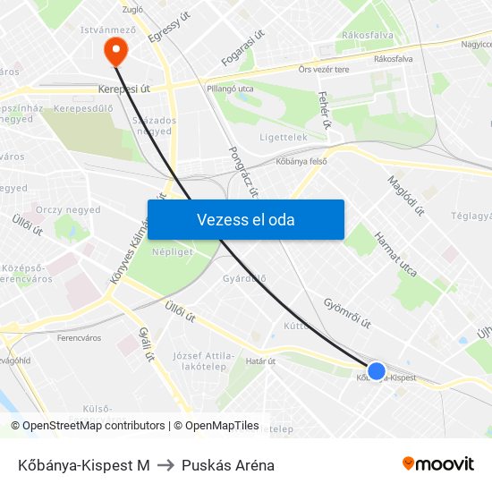 Kőbánya-Kispest M to Puskás Aréna map