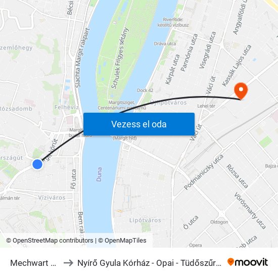 Mechwart Liget to Nyírő Gyula Kórház - Opai - Tüdőszűrő Állomás map