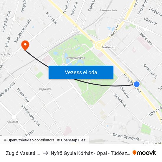 Zugló Vasútállomás to Nyírő Gyula Kórház - Opai - Tüdőszűrő Állomás map