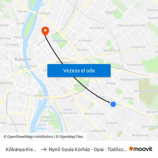 Kőbánya-Kispest M to Nyírő Gyula Kórház - Opai - Tüdőszűrő Állomás map