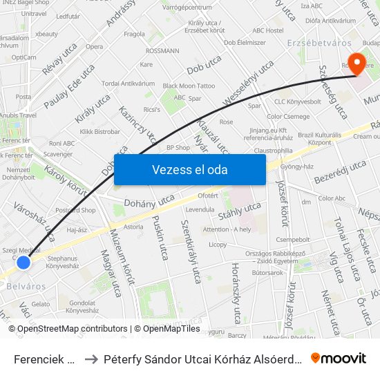 Ferenciek Tere M to Péterfy Sándor Utcai Kórház Alsóerdősori Telephelye map