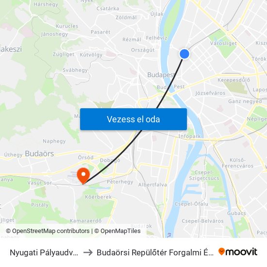 Nyugati Pályaudvar M to Budaörsi Repülőtér Forgalmi Épülete map