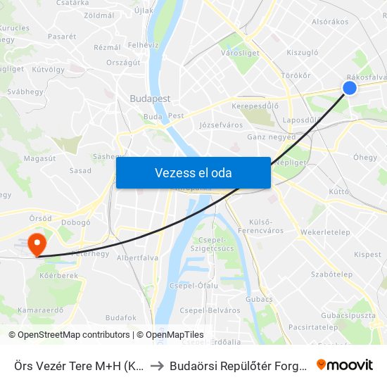 Örs Vezér Tere M+H (Kerepesi Út) to Budaörsi Repülőtér Forgalmi Épülete map