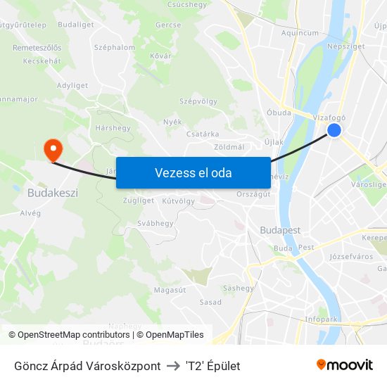 Göncz Árpád Városközpont to 'T2' Épület map