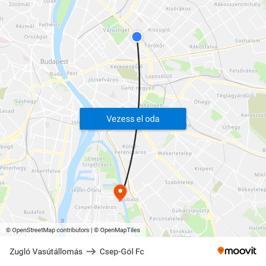 Zugló Vasútállomás to Csep-Gól Fc map