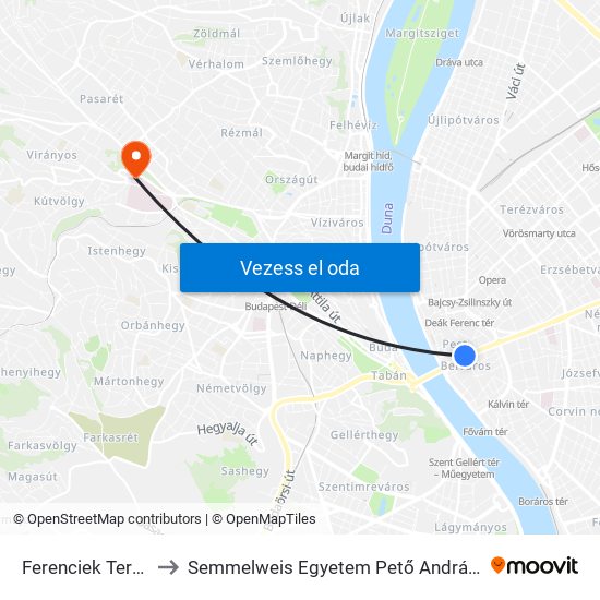 Ferenciek Tere M to Semmelweis Egyetem Pető András Kar map