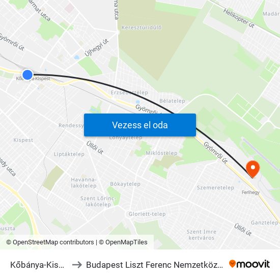 Kőbánya-Kispest M to Budapest Liszt Ferenc Nemzetközi Repülőtér 1 map