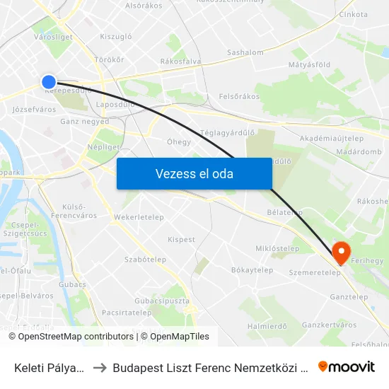 Keleti Pályaudvar to Budapest Liszt Ferenc Nemzetközi Repülőtér 1 map