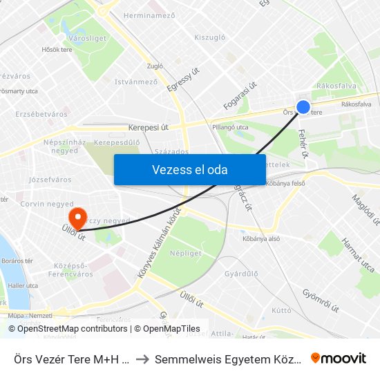 Örs Vezér Tere M+H (Kerepesi Út) to Semmelweis Egyetem Központi Betegellátó map