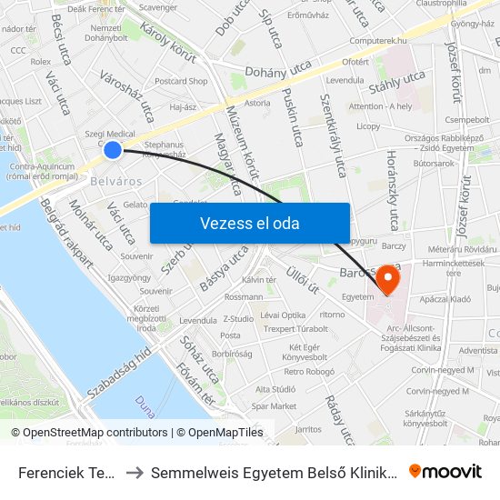 Ferenciek Tere M to Semmelweis Egyetem Belső Klinikai Tömb map